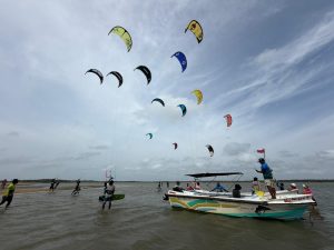 Kitesurfers racing across the lagoon during the 2026 Kalpitiya kitesurfing race